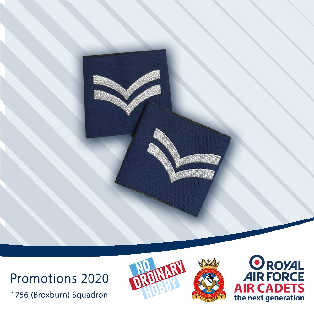 In our final lockdown promotion announcement, we say huge Congratulations to the newly promoted Corporal Fleming, Hogg &amp; Matheson.  
Well done to you all! 👏 

#noordinaryhobby #atc #rafac #stripes #cadets #aircadets #broxburn #JNCO