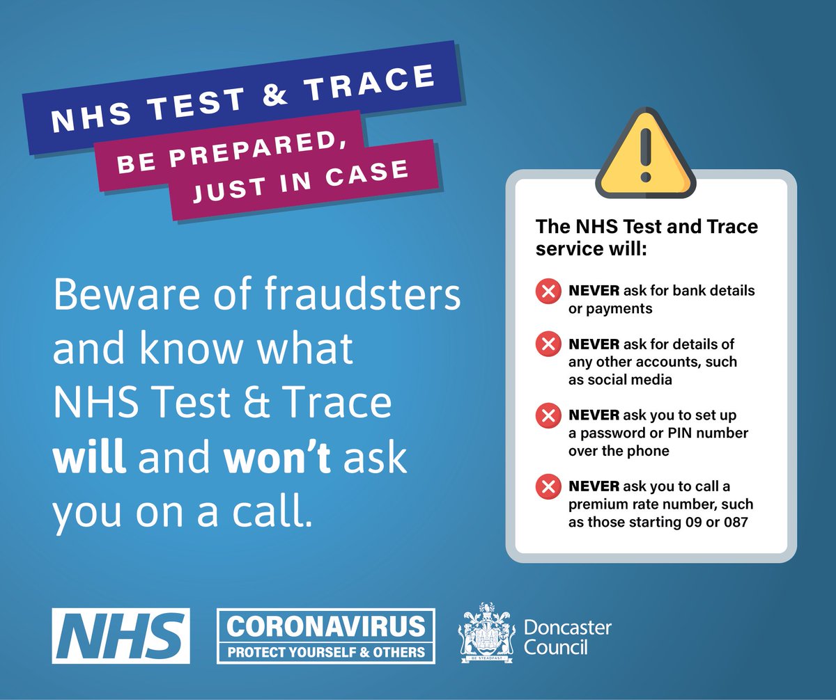 Finally, make sure you know that NO-ONE from NHS test and trace will EVER ask for any bank details, you’ll never have to set up a PIN or give any social media details.