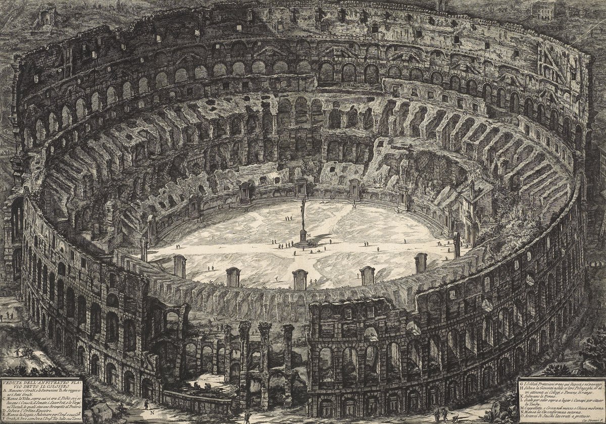 The Flavian Amphitheatre – better known as the Colosseum – is shown in this birds-eye view by 18th-century artist Giovanni Battista Piranesi. 

He was known for his views of architecture, and his fantastical architectural creations ow.ly/SkLv30qTfv1