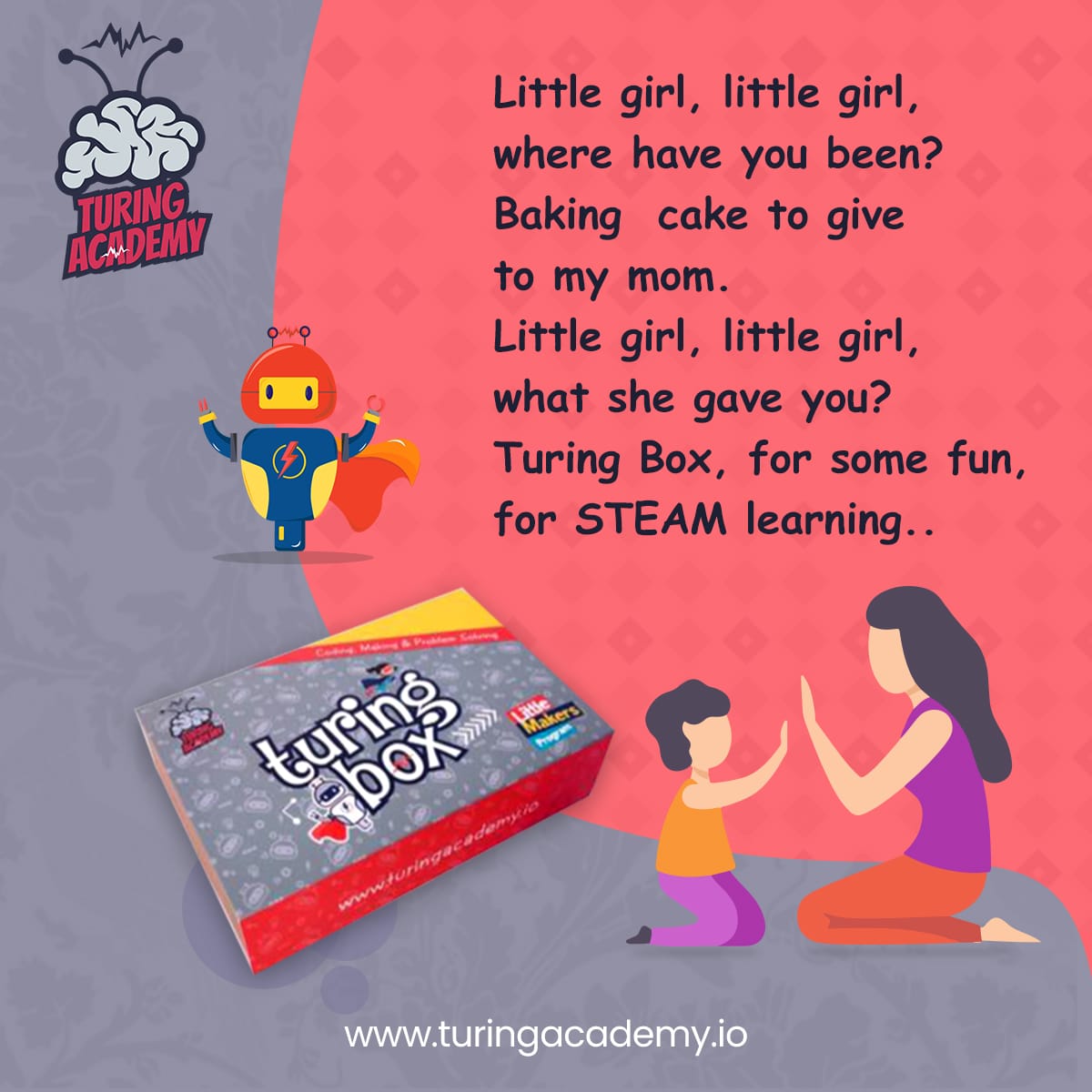 TuringAcademyCo's tweet photo. Let your little girl learn STEAM from home. Bring home Turing Box. Learn more. https://t.co/NCoB85oL1b
Contact Us: +91-7676235123
Website: https://t.co/lG6v5PxMhZ
Mail ID: rheo@turingacademy.io
#TuringAcademy #STEAM #STEAMeducation #Health #leadership #education #TuringBox https://t.co/9FoJiOe93G