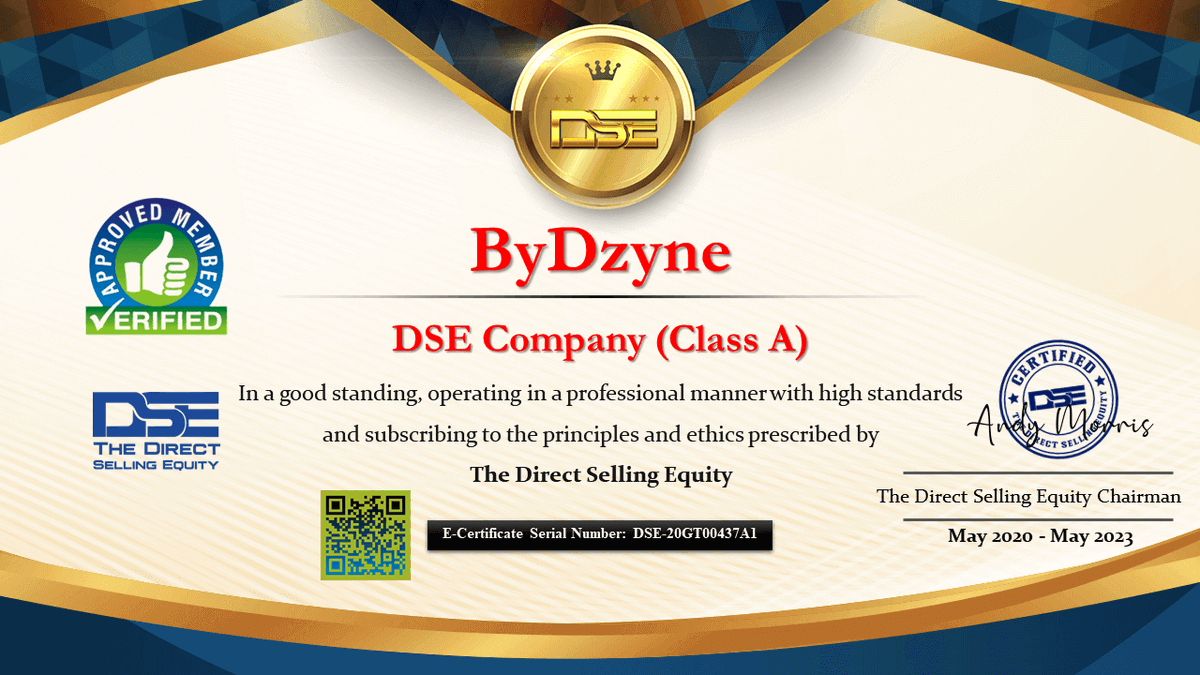 DSellingequity's tweet photo. ByDzyne is Listed now on the DirectSellingEquity Directory at https://t.co/g7nxLFmzA4

Certificate valid for 3 Years 👍
Congratulations
@ByDzyne @axmbydzyne @bydzyneofficial @NBydzyne
.
.
.
#ByDzyne #ByDzyneWorld #Affiliates #Distributors #Entrepreneurs #DSE #DirectSellingEquity https://t.co/DiHWPo6q6t