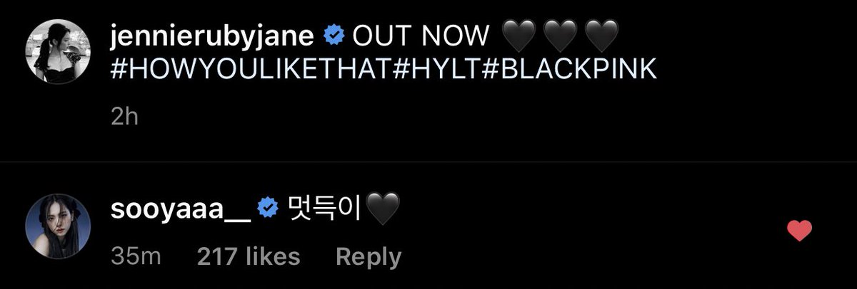 jendeukiebabo's tweet photo. Jisoo liked and commented on Jennie’s comeback post 💕JENSOO 💕

Jisoo: “Cool Jendeukie 🖤” https://t.co/lf3qLWdKh0