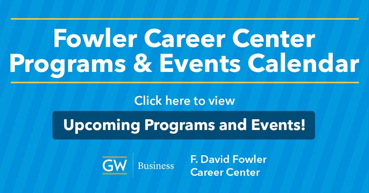 🚨 ANNOUNCEMENT 🚨

The Fowler Career Center has launched a calendar to connect YOU, the students, with some of ongoing workshops and upcoming on-campus recruiting events.  Check out our bio for the link to the calendar.

#GWSBProud #RaiseHigh #OnlyAtGw