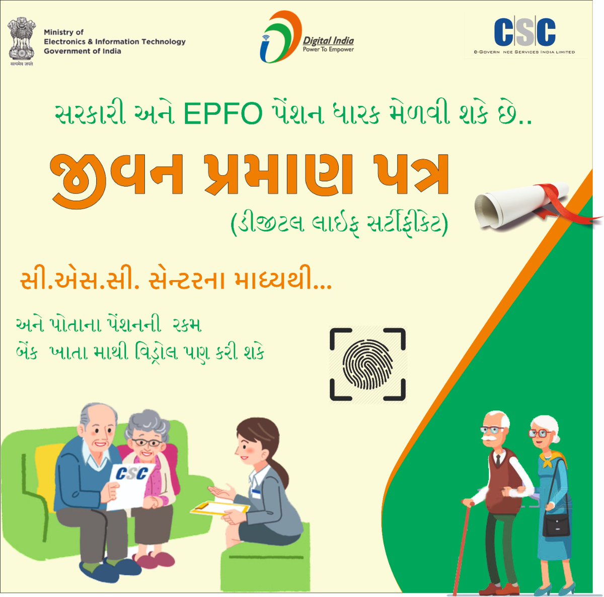 CSCGujarat's tweet photo. VLEs can start issuing Jeevan praman/ Life Certificate to Pensioners, from CSC Portal.
@dintya15 
@UttamGu39907295 https://t.co/AK13HGets7