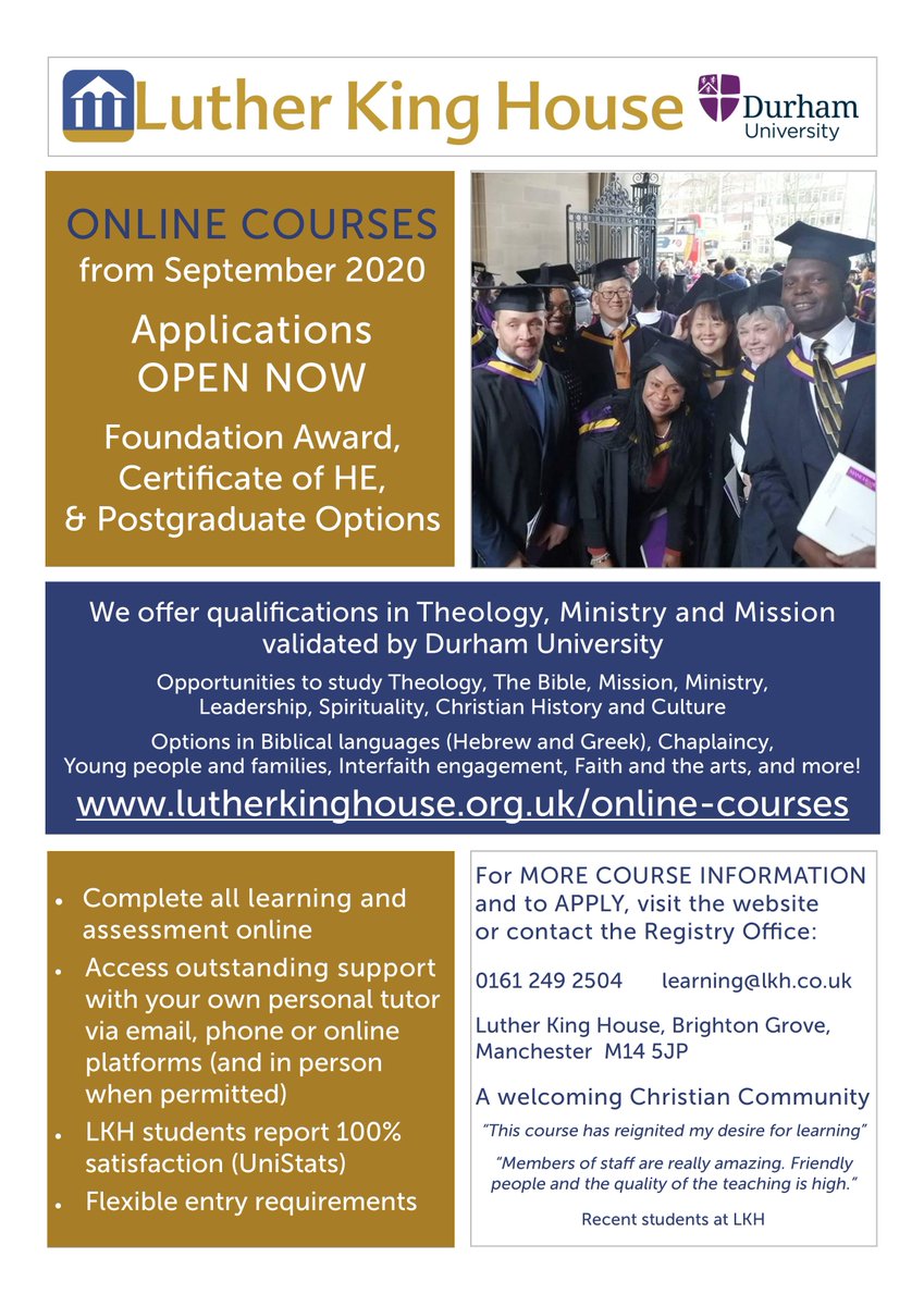 We've now added Postgraduate study to our 2020-21 online learning at @lkhlearning! Study towards a Foundation Award, Certificate of Higher Education, PG Certificate or simply for personal development - find out more from our flyer and website - tinyurl.com/onlinelkh #theology