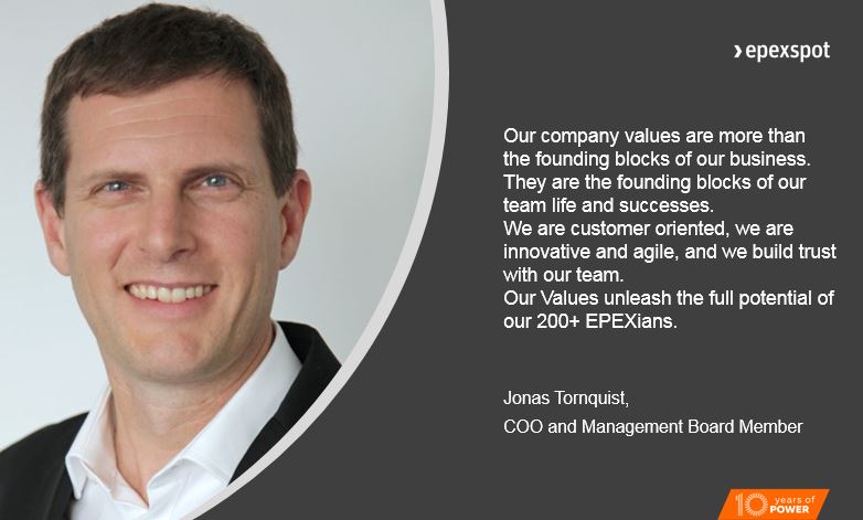 EPEXSPOT_SE's tweet photo. As COO of EPEX, Jonas makes sure that our company values are lived on a daily basis, and that every EPEXian has an environment that contribute to the quality of our services every day #10thingswelove #10yearsofpower https://t.co/L6uIqzme4L