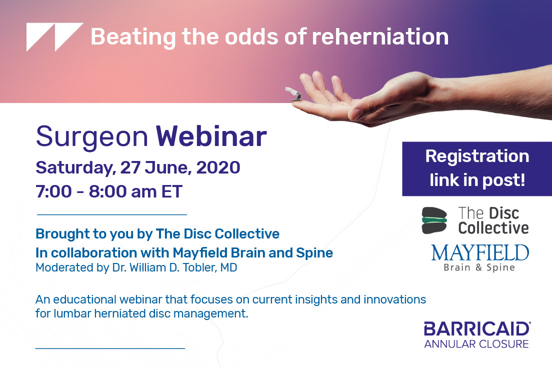 TOMORROW: Join 
<a href="/MayfieldClinic/">Mayfield Brain & Spine</a> Brain &amp; Spine + Intrinsic Therapeutics, developer of Barricaid, for webinar on key topics in lumbar herniated disc management. 7a-8a ET w/ guest lecturer Prof. Claudius Thome &amp; moderator Dr. William Tobler. REGISTER: bit.ly/2Bevcbi #spine