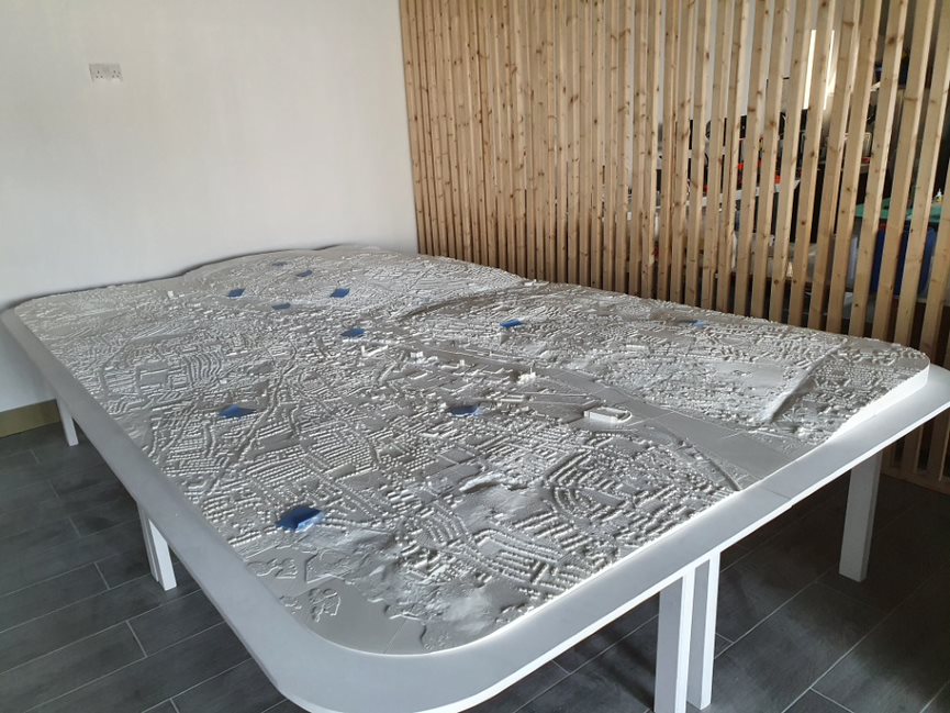 RobKitchin's tweet photo. Cork 3D printed model now assembled for @dashbuild project. Looking good. 1:2000 scale (7km by 4km area). Hopefully will look great with city data projected on @SmartCork https://t.co/0sXjKDDJtI