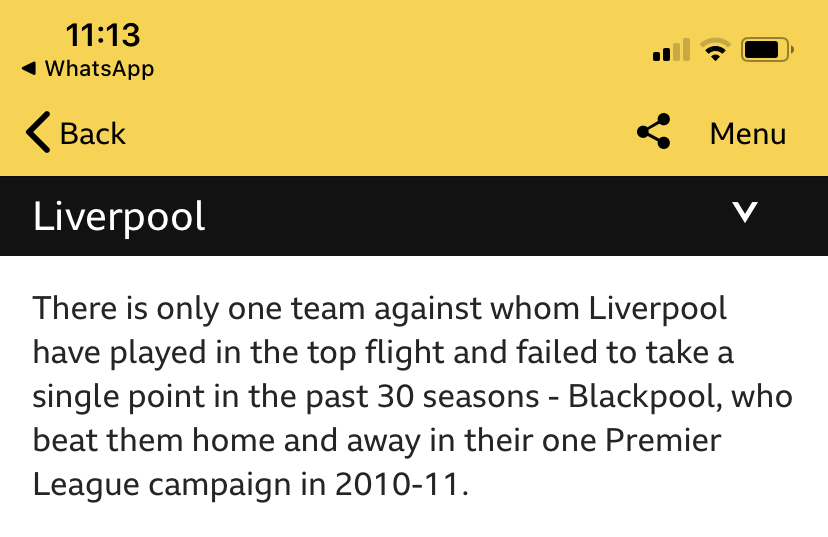Chris (@onedavebamber) on Twitter photo Interest stat from a <a href="/bbcfoot/">BBC Football News - No longer running</a> piece on Liverpool’s title.
In the 30 years between titles, there is only one team they have failed to take a single point off in a league match.
Blackpool. Interest stat from a <a href="/bbcfoot/">BBC Football News - No longer running</a> piece on Liverpool’s title.
In the 30 years between titles, there is only one team they have failed to take a single point off in a league match.
Blackpool.