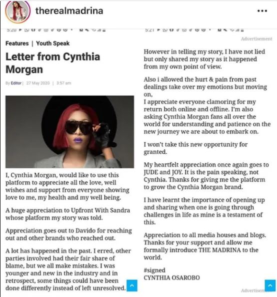 cynthia morgan letter