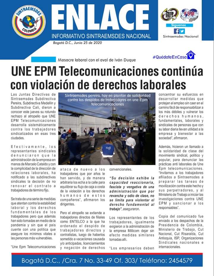 sintraemsdesna1's tweet photo. #Enlance Sintraemsdes
Masacre laboral con el aval de Iván Duque
UNE EPM Telecomunicaciones continúa con violación de derechos laborales https://t.co/73lt4FTCaX