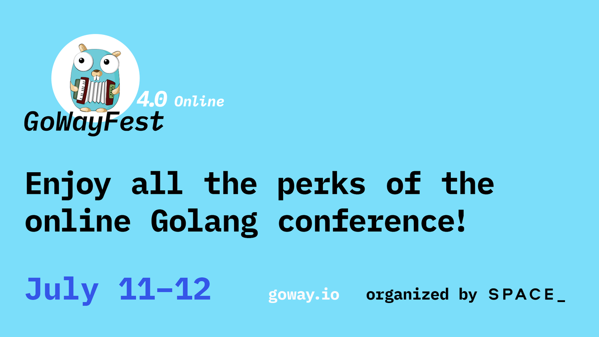 GoWayFest's tweet photo. 𝗚𝗼𝗽𝗵𝗲𝗿𝘀 and 𝗚𝗼 𝗳𝗮𝗻𝘀 from all over the 🌐 will gather online at https://t.co/j7cT5e6RV0 to share their experience in 𝗚𝗼𝗹𝗮𝗻𝗴 ⬇
🔵 #golang stars @markbates, @davecheney, @matryer 
🔵 Q&amp;A and international networking
🔵 no borders, no visas
➕ workshop included https://t.co/YR6eRK3KvR