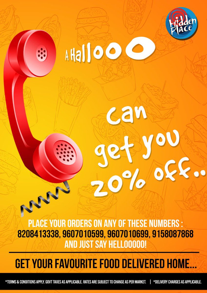 Hiddenplace2's tweet photo. Tring, Tring... it’s time to pick up that phone and say hellooo to get 20% off on food deliveries.

Contact us on: +91 96070 10699, +91 93730 00614, +91 96070 10599. 

Give us a call now!

#hiddenplace #punefoodies #fooddelivery #homedelivery #nowdelivering #swiggy #dialameal https://t.co/ySpDdQQDcR