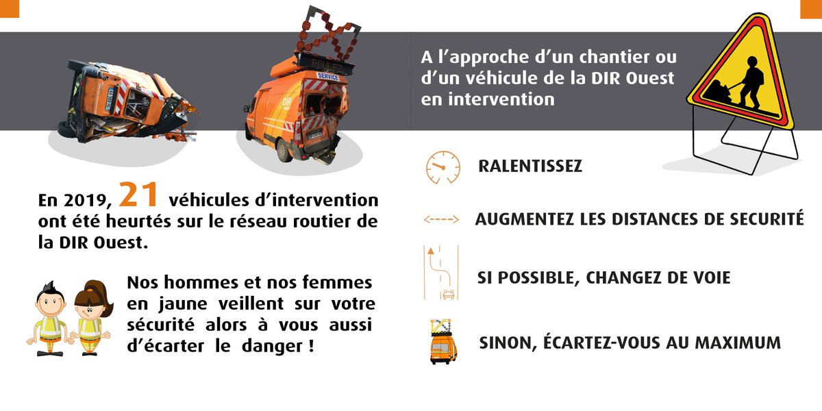 ⚠️Redoublez de vigilance à l'approche d'un chantier ou d'un véhicule de la DIR Ouest en intervention.