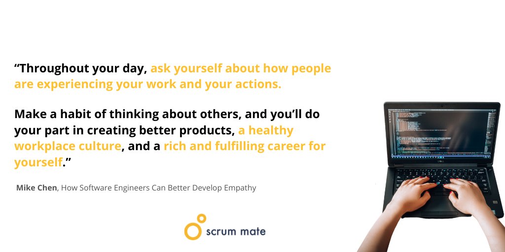 scrummate's tweet photo. How can you become a better team player? In an article for @hackernoon, Mike Chen says it comes down to empathy.

✅ Empathy for other #engineers
✅ Empathy for other teams
✅ Empathy for your users
Read more here: https://t.co/v0jzhj0vFa
#agile #agility #scrum #agilecoach #team https://t.co/mXs9sr4ZPA