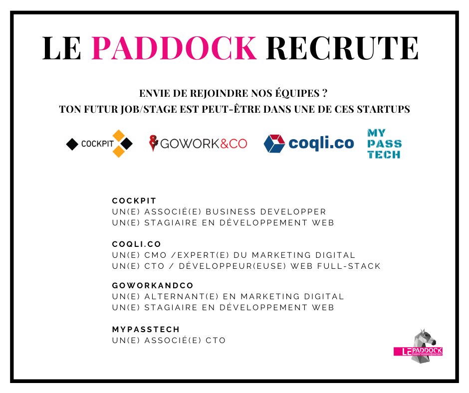 Pddckfr's tweet photo. L'annonce du jour #Recrutement ⚡️ Des startups du Paddock recrutent ! 🔥🔥🔥

Retrouvez les fiches de poste et tout ce qu'il vous faut pour rejoindre nos équipes sur notre page Facebook 👉🏼 https://t.co/irYb9AXLei https://t.co/TuVBNd8fa7