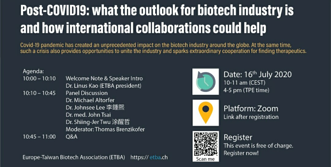 ETBA_tw's tweet photo. This event is free of charge and is, above all, a great opportunity to discover how international collaborations could help and what the outlook for the biotech industry is, under the COVID19 pandemic.

Hope to see you there! https://t.co/SzgZhWQmOE