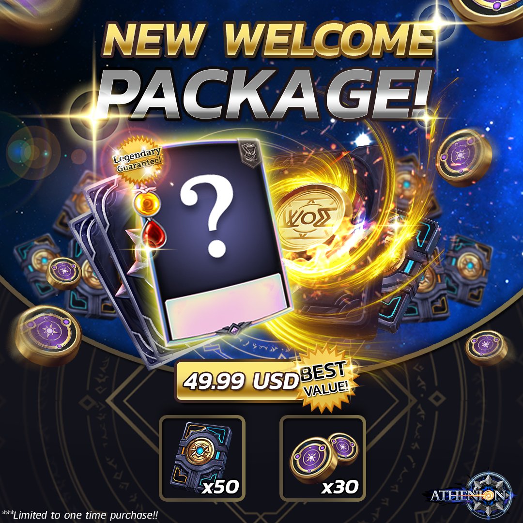 Athenion_Global's tweet photo. Promotion Welcome Package 2 contain😊

💛WoE 50 packs
💛Star Medal 30 packs
💛WoE Legendary 1 packs

Only at 49.99 USD !!

Limited to one time purchase!! 

Join us! 🔗 https://t.co/1QxBru9r74

#athenion #tcg #ccg #cardgamedesign #cardgame #mobilegame https://t.co/5RSKUwu7Ux