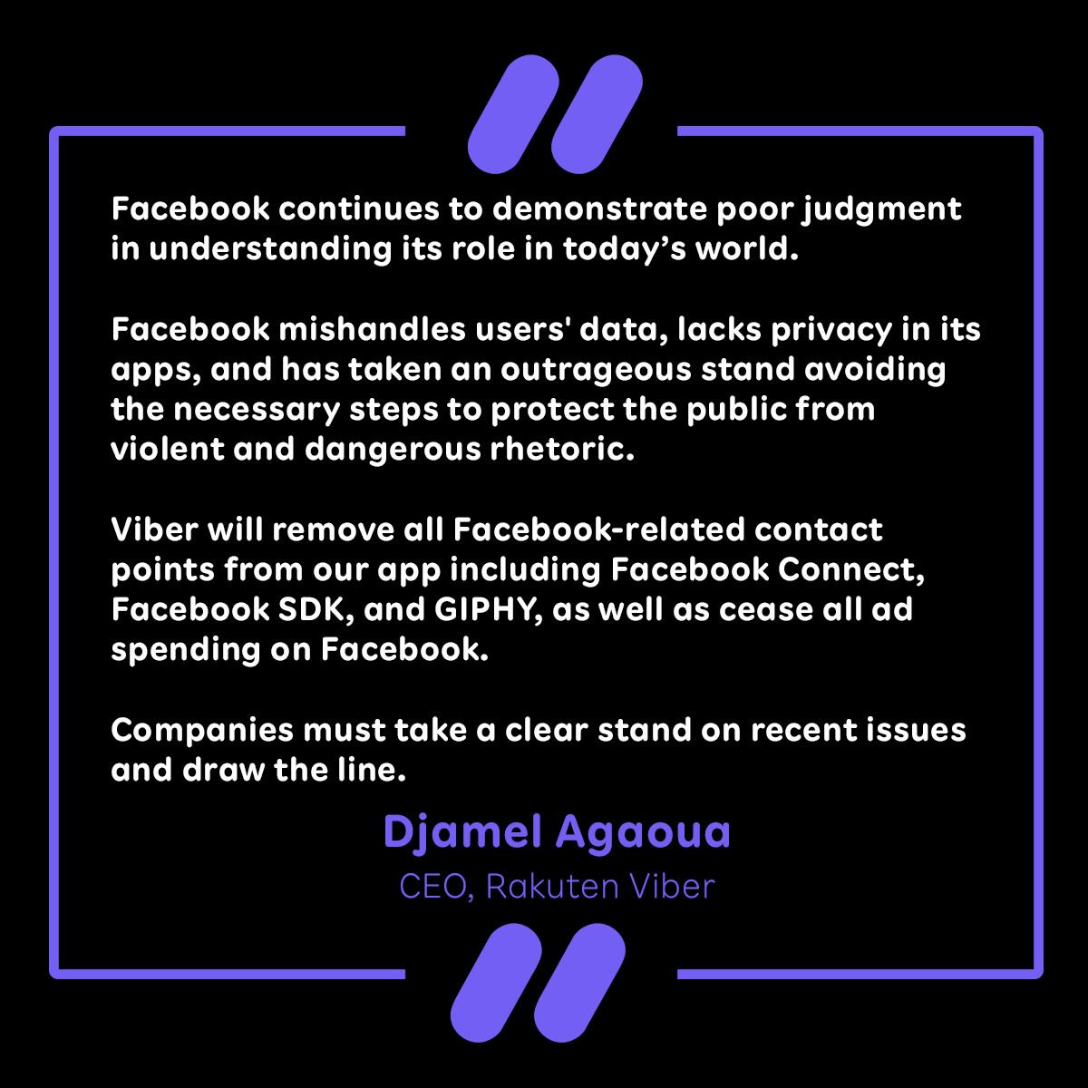 newswatchplusph's tweet photo. LOOK: Rakuten Viber CEO Djamel Agaoua's statement on the company's decision to cut business ties with Facebook. https://t.co/msCLmwV0u6 https://t.co/Qql9lRseYO