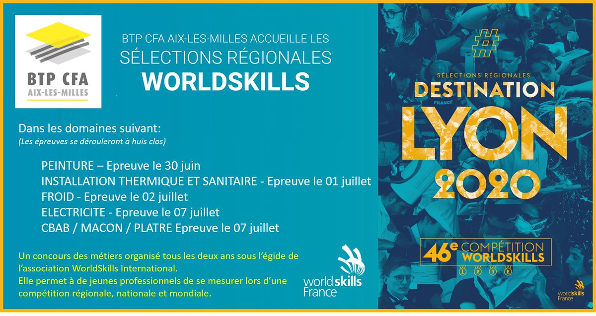 btpcfaAix's tweet photo. @WorldSkillsFR La semaine prochaine, commenceront les épreuves pour la sélection régionale du plus grand concours des métiers du monde #worldskills au BTP CFA Aix!
#worldskills #bâtiment #btp #btpcfaAix #btpcfapaca https://t.co/jg4G7kRBs2