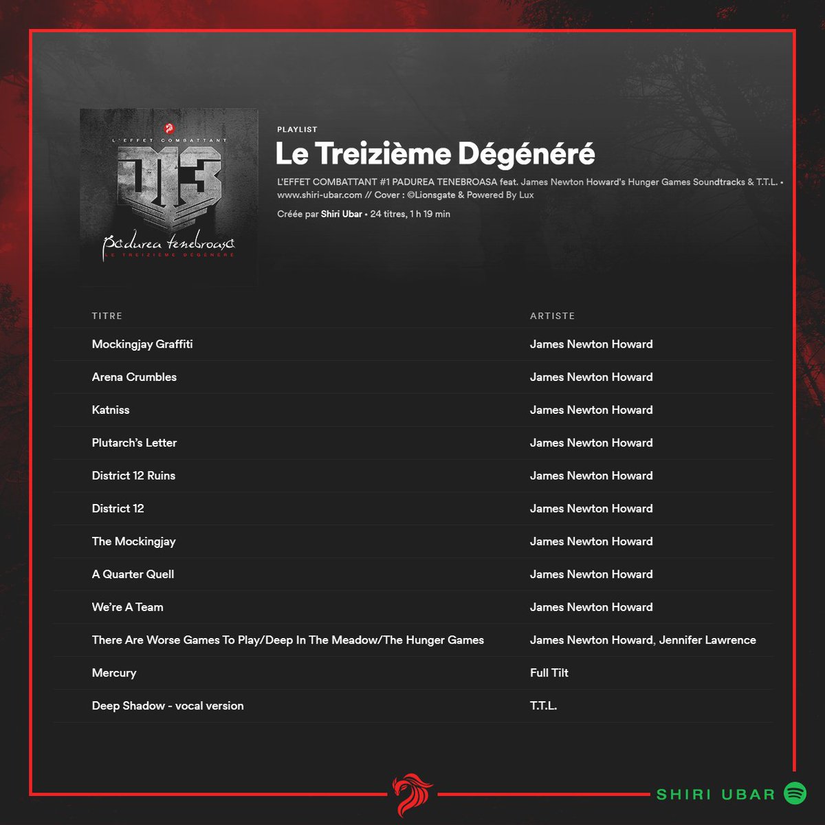 shiriubar's tweet photo. C'est #VendrediLecture, mais c'est aussi le #MusicFriday ! L'occasion idéale pour une totale immersion dans sa lecture. 1/3

6 • "Le Treizième Dégénéré"
inspirée par la musique de #HungerGames.

🎧 Spotify : https://t.co/74rc26wruF
🎧 Deezer : https://t.co/j1g19jVHsy https://t.co/pySiYvZ9VO