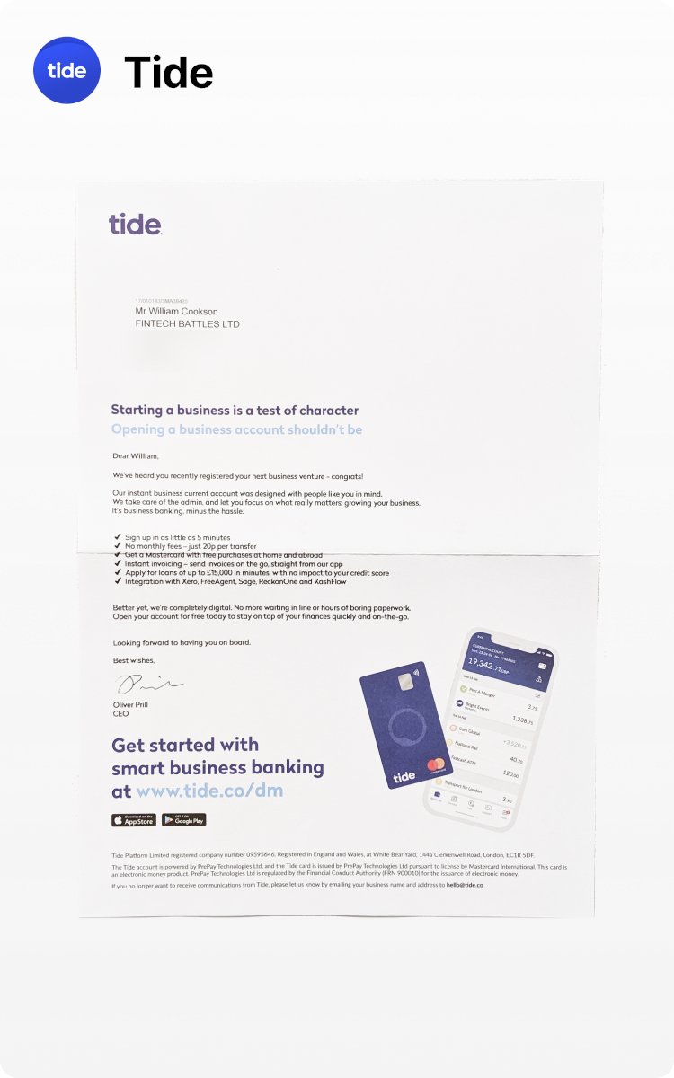 fintechbattles's tweet photo. 👊 Friday Mini-Battle – You have mail!
@StarlingForBiz v @TideBusiness 
 
Scenario: You've just started a company and need a business account

Q: Which piece of direct mail would make you sign up?

(poll below + reply to comment) https://t.co/zt3qFQOuAF