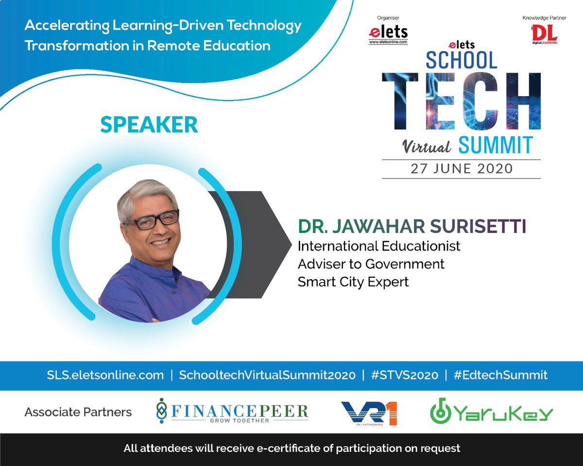 dl_magazine's tweet photo. .@eletsonline is delighted to have @jawahar4, International Educationist, Adviser to Government, Smart City Expert as an Eminent Speaker at the School Tech Virtual Summit, which will be held on 27 June, 2020.

Register Now: https://t.co/AvR97wbTLN

#SchoolTechVirtualSummit2020 https://t.co/ELVuAxcUTv