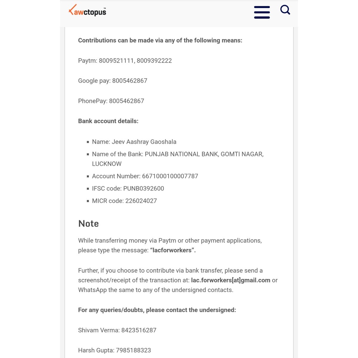 We are highly grateful to <a href="/Lawctopus/">Lawctopus</a> for covering our initiative! 
We request everyone's financial assistance to help us grow stronger and help the migrant workers further. With each other's support, we "all" shall overcome this.