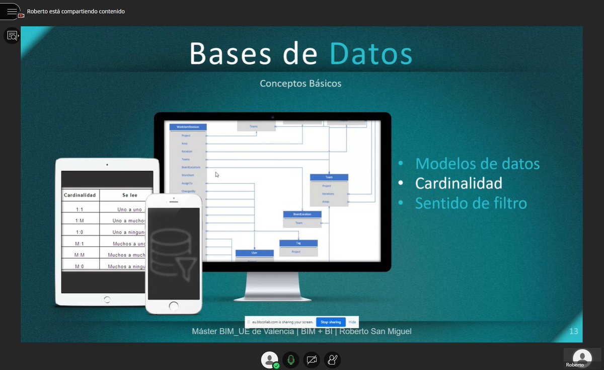 qbimgest's tweet photo. Postgrado #BIMmanager @UEValencia Taller #PoweBI con Roberto San Miguel de AECon.
En una base de datos necesitamos: el modelo de datos, cardinalidad (conexión 1a1, 1amuchos, muchos a muchos) y sentido del filtro (direccionalidad), y entender el #BusnessIntelligence https://t.co/09PbgJMd2D