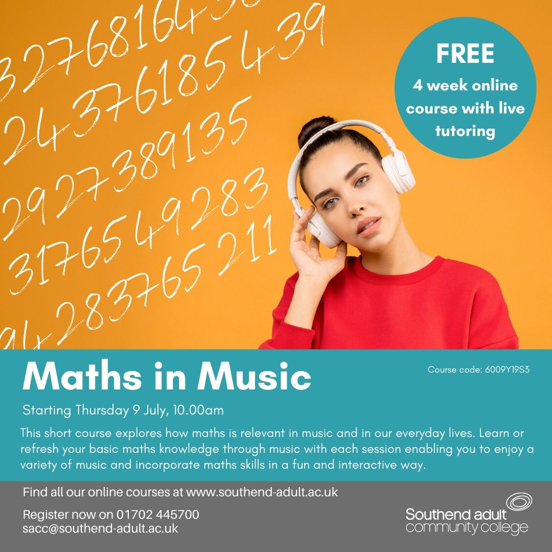 SouthendACC's tweet photo. FREE! Maths in Music online course with live tutoring.

This fun interactive course will enable you to enjoy a variety of music while incorporating maths.
Starts 9 July. Find out more &amp; register at https://t.co/eFoNRxpRf8
or call 01702 445700
#TheHomeofLearning #onlinelearning https://t.co/LwqocwLhsN