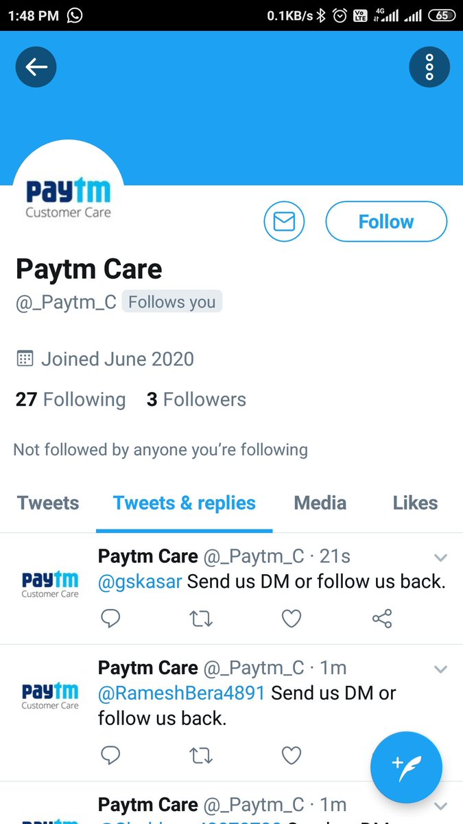 gskasar's tweet photo. @Paytmcare 
As I posted query to you, below handle followed me and asking details which seems fraud https://t.co/gwEK7uy5n5