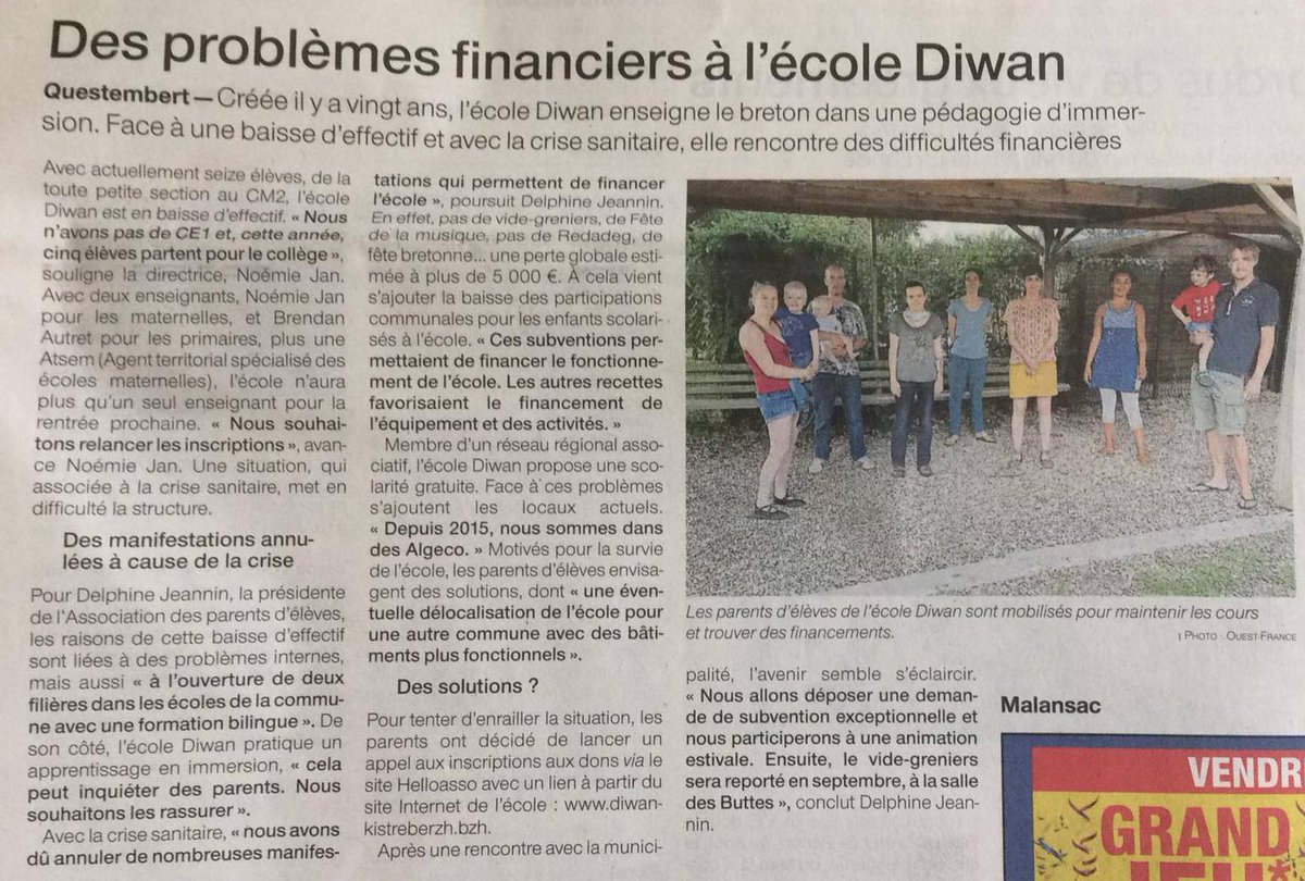 ti_vro's tweet photo. // Ouest-France 26-06-20 // @OuestFrance_56 
Questembert. Des problèmes financiers à l’école Diwan

👉 skoazell / soutien : https://t.co/TSJiLZqBlF

#brezhoneg #languebretonne #bugale #skoldiwan #questembert #kistreberzh https://t.co/LKoLYLFYWo