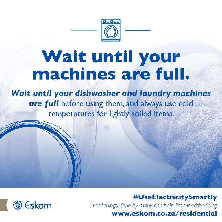 Eskom_SA's tweet photo. Be energy efficient and wait until your dishwasher and laundry machines are full before using them, and always use cold water temperatures for lightly soiled items.
#UseElectricitySmartly https://t.co/xiAe1qEJik