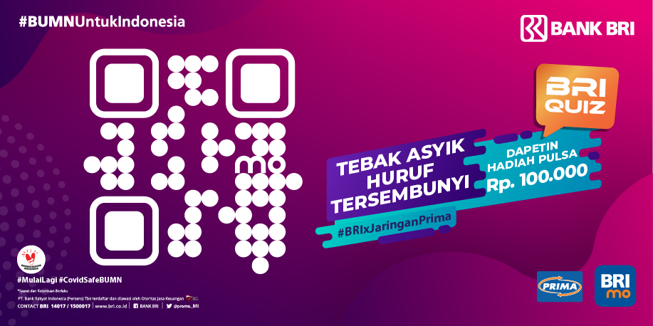 promo_BRI's tweet photo. Sobat BRI, lagi bosen? Daripada bengong, mending ikutan yuk jawab pertanyaan ini disertai dgn hashtag #BRIxJaringanPrima.

Follow @promo_bri
 &amp; @jaringanprima karena ada hadiah pulsa Rp 100 rb utk 10 pemenang yg beruntung. 
Jawaban ditunggu sampai 28 Juni 2020. Good luck! https://t.co/ltmecbtTRO