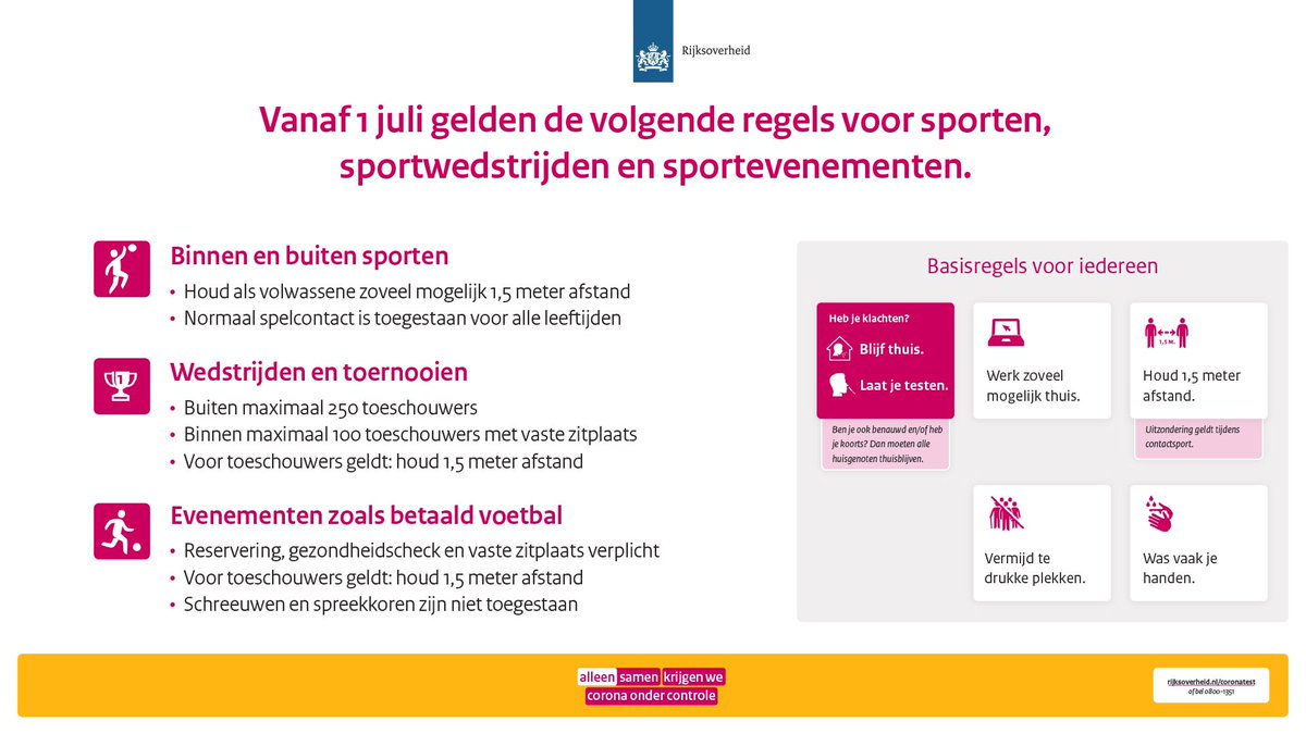 Nu het #coronavirus onder controle is, kunnen we ook meer sporten en bewegen. Daarom mogen we vanaf 1 juli weer binnen- en buitensporten. Ook wedstrijden, toernooien en sportevenementen zijn weer mogelijk. Wel gelden er een aantal regels. Lees meer: rijksoverheid.nl/onderwerpen/co…