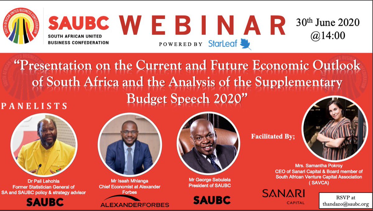 SAUBC1's tweet photo. SAUBC  webinar

Topic: Presentation on the Current and Future Evonomic Outlook for South Africa and the Analysis of the Supplementary Budget Speech 2020

Date: Tuesday, 30 June 2020
 
Time: 14H00pm - 16H00pm 

RSVP: thandazo@saubc.org 

#SAUBC https://t.co/CcL7tYCnrl
