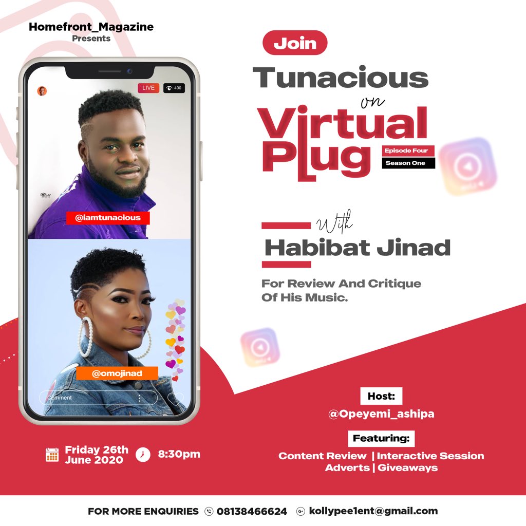 Kollypee1ent's tweet photo. We will be reviewing @iamtunacious music at tonight’s episode of Virtual Plug With Celebrity. Join your host @AshipaOpeyemi on his IG Page for an unfiltered interactive session with Habibat Jinad  by 8:30 pm. 
Don’t Miss It🥂 Kindly RT🙏 https://t.co/5kY0CCcRZq