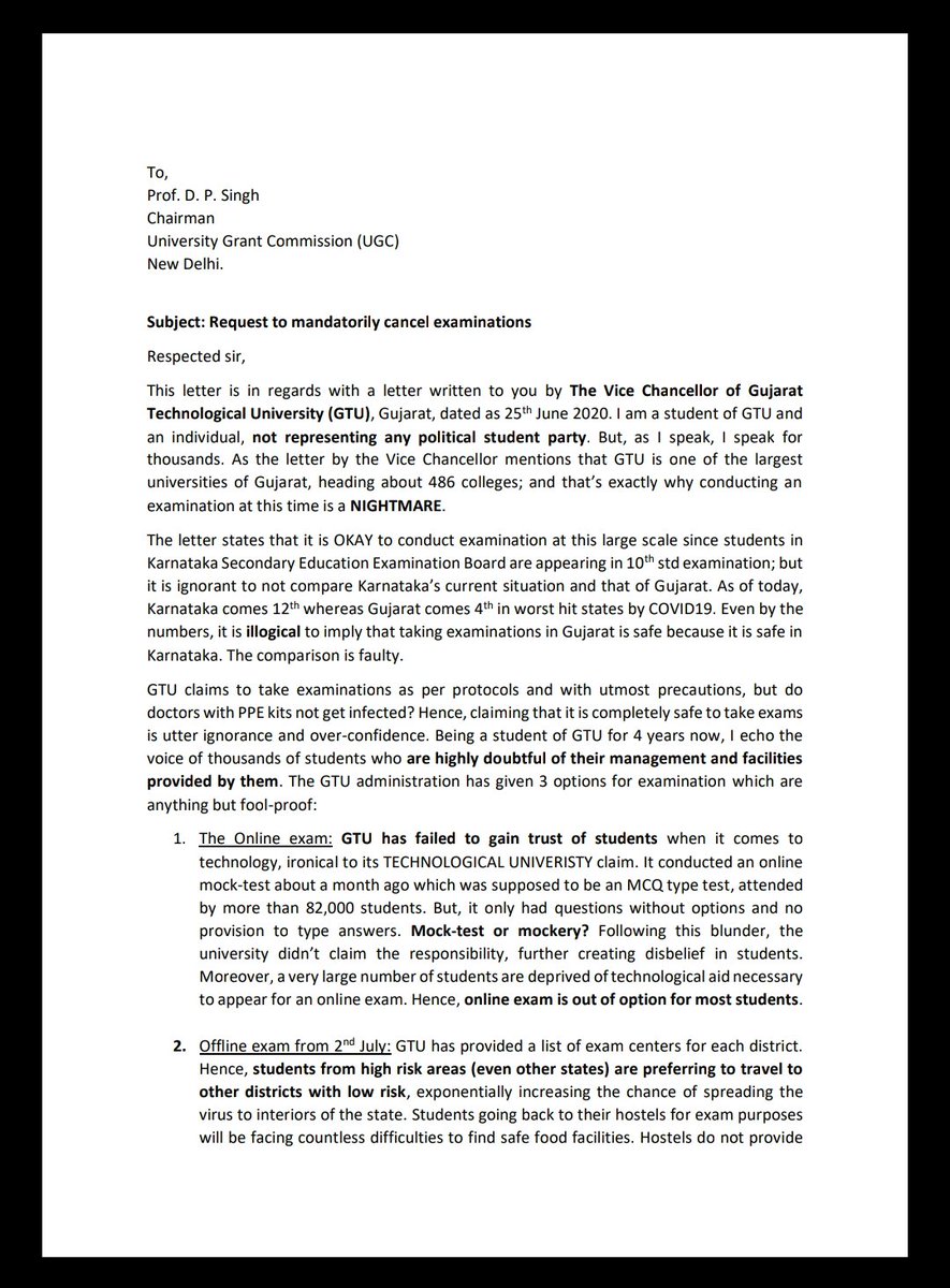 Mohit140199's tweet photo. @ugc_india This is a request on behalf on all the GTU students being forced to appear for the exam, please consider this letter by our fellow mate. @GTUoffice is not at all concerned about our lives, this letter clearly conflicts with @navin_sheth's claims.
#Save_GTU_Students https://t.co/ZCF1HlxW1q