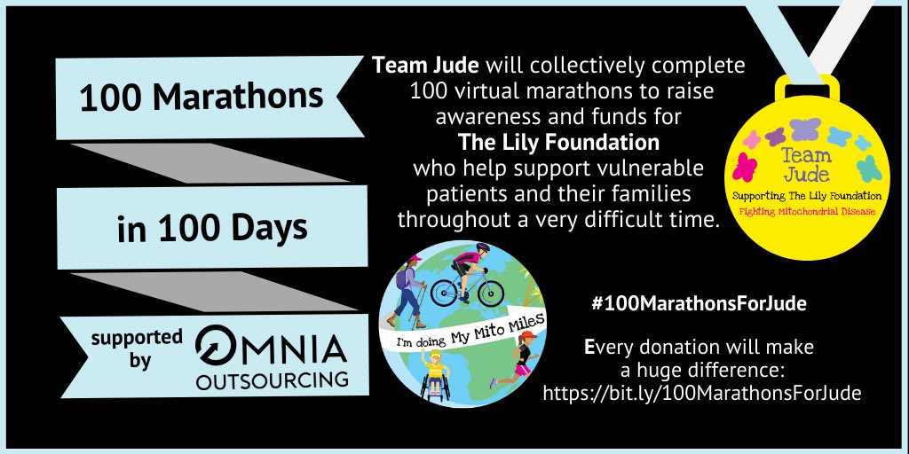 It all starts tomorrow! 
Team Jude take on their next challenge *100 Marathons in 100 Days* 
To support and donate please visit:
bit.ly/100MarathonsFo…

#100MarathonsForJude #MitochondrialDisease #TheLilyFoundation #TeamJude #OmniaOutsourcing #Challenge #Charity #Support