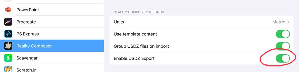 Quick tip for teachers using #realitycomposer for the first time. Go to the RC settings and switch on export to USDZ. Not sure why it’s off by default but you need it to share your magic with others. <a href="/AppleEDU/">Apple Education</a>
