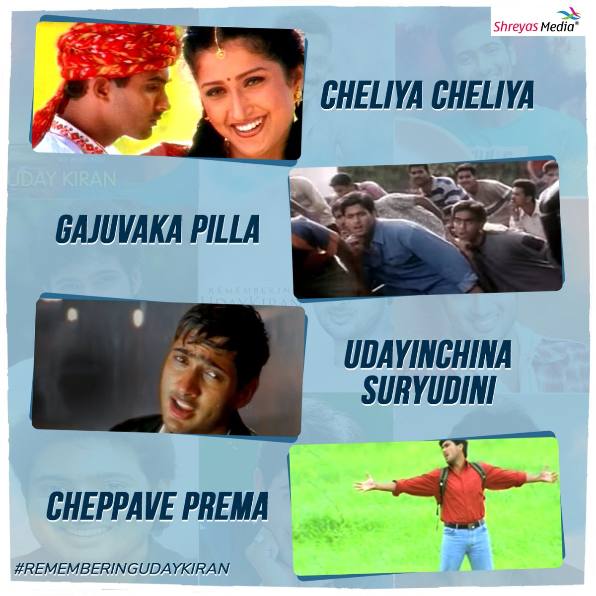 shreyasgroup's tweet photo. Which is your favorite song of lover boy #UdayKiran!
#RememberingUdayKiran #CheliyaCheliya #GajuvakaPilla #UdayinchinaSuryudini #CheppavePrema #ShreyasMedia https://t.co/2LdJlWHxln
