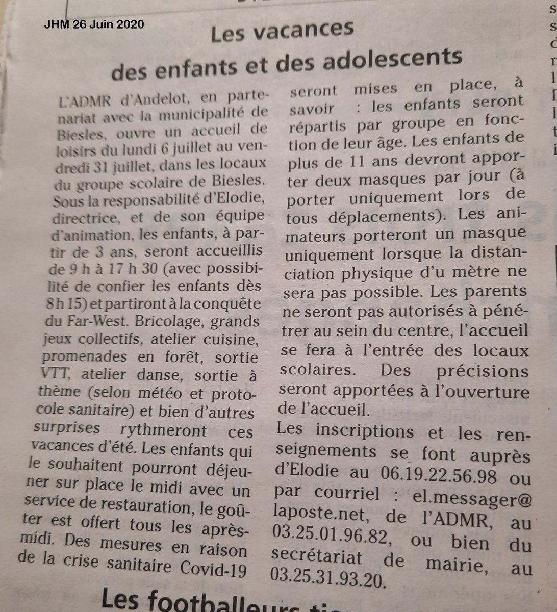 HauteMarne_ADMR's tweet photo. Ouverture du Centre de Loisirs de l'#ADMR d'#Andelot à #Biesles.
Inscriptions et renseignements auprès de la Directrice, Elodie au 06.19.22.56.98, de l'association au 03.25.01.96.82 ou de la Mairie au 03.25.31.93.20
#pourtoustoutelaviepartout https://t.co/X0IKKJkQHO