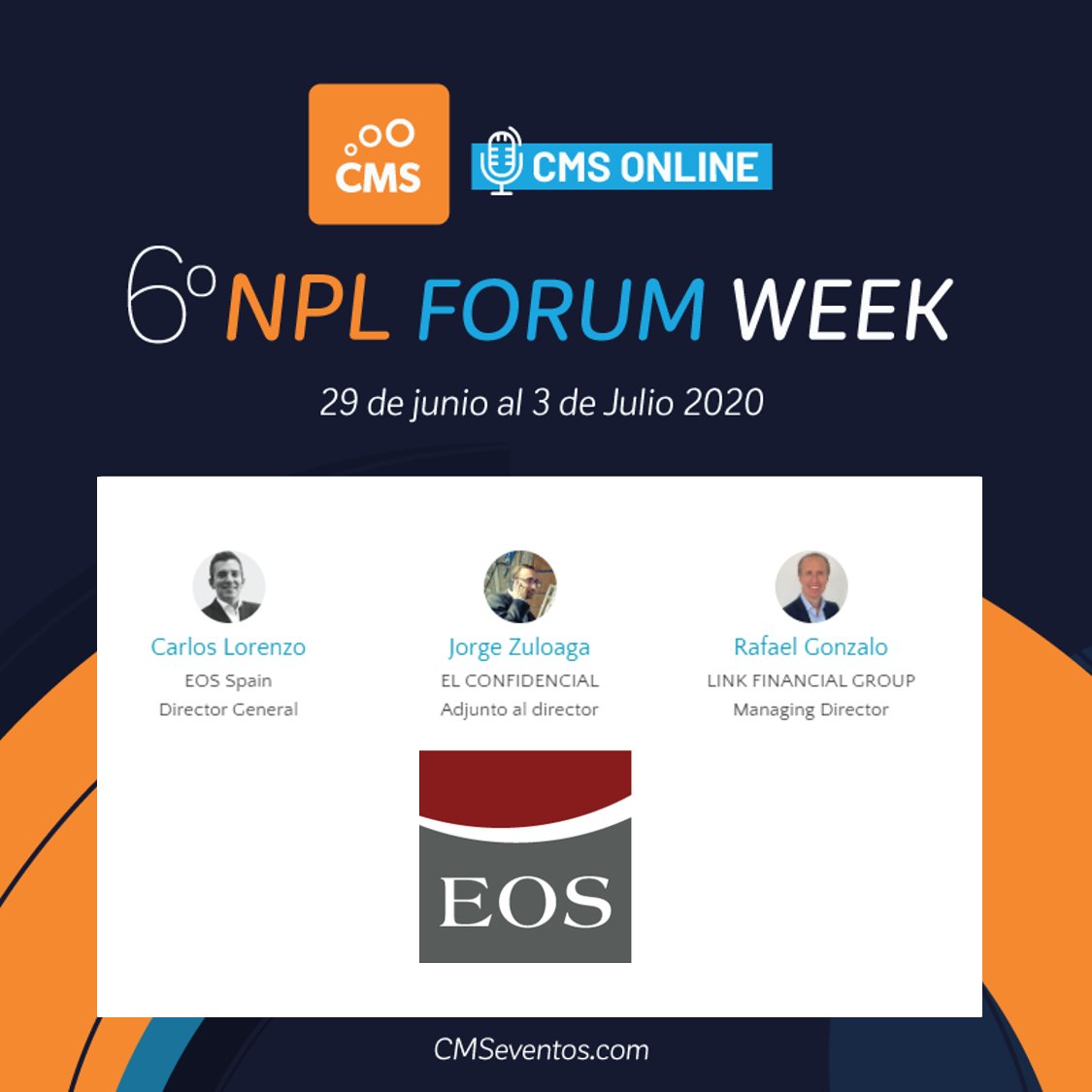 EOSSpain's tweet photo. 29/06 ➡️12:15pm-@jzuloaga de @elconfidencial entrevista a @carlos_ls9 , Director General de @EosSpain, y a Rafael Gonzalo, Managing Director de Link Financial Group, sobre el nuevo entorno y paradigmas en el mercado #NPL #Unsecured.
👉👉https://t.co/Db8XfJVGFX
#CMSNPL #EOSSpain https://t.co/585q2UAgkE