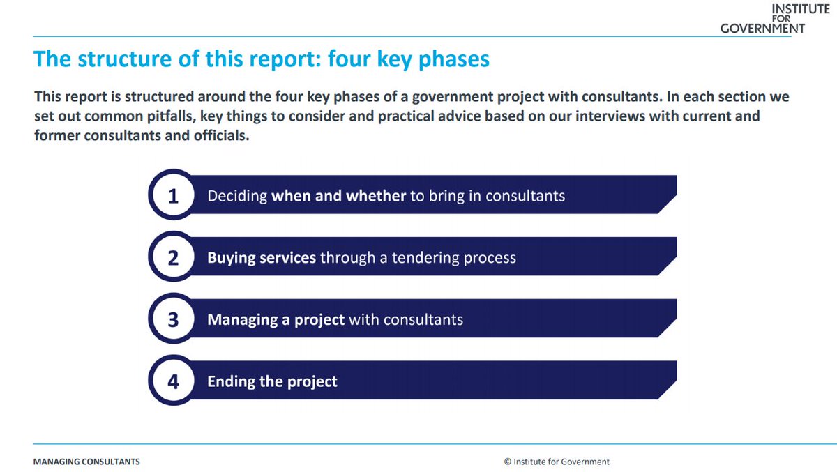 New @instituteforgov guide for government on how to manage consultants. How to ensure the work is good, you aren't using consultants for bad reasons, and the project doesn't turn ugly. instituteforgovernment.org.uk/sites/default/…