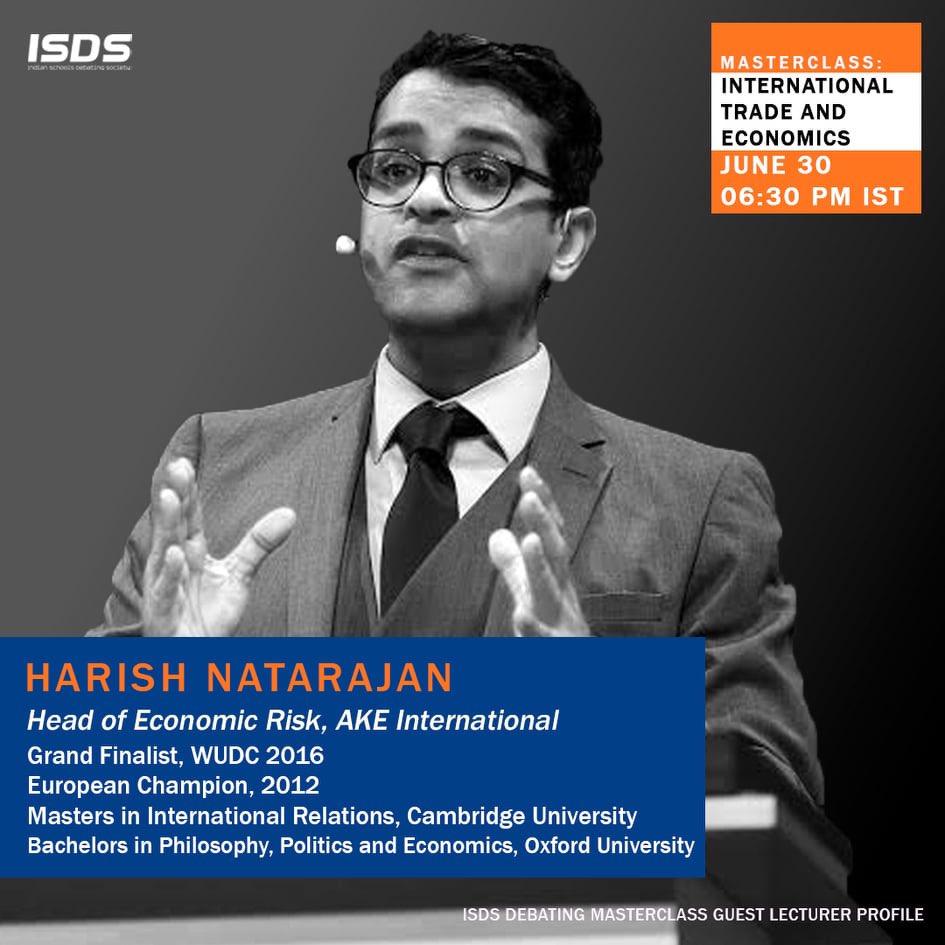 TeamIndiaWSDC's tweet photo. Our Masterclass on International Trade and Economy is on Tuesday 30 June. Complex area which will be unpicked by the brilliant @hknatarajan! 

Book now: https://t.co/qXwqzxcx71

#RiskyBusiness #Import-antKnowledge 
#ISDSMasterclass
#Debating https://t.co/c3HOWbzev1