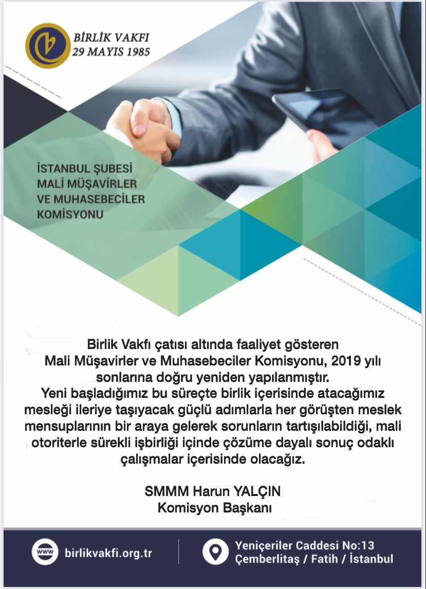 Birlik Vakfi İstanbul Şubesi Mali Müşavirler ve Muhasebeciler Komisyonu
#birlikvakfı #istanbulsube #malimusavir #muhasebeciler #komisyon #vergi #muhasebe #faaliyet #2020