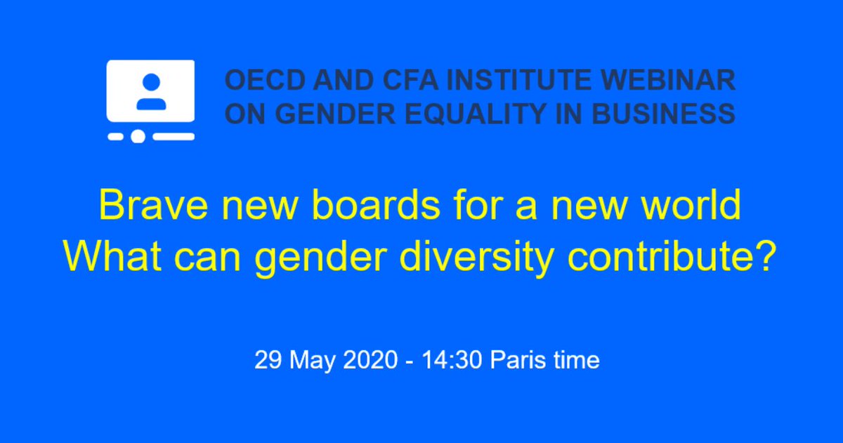 📺 29 June 2020 at 14:30 Paris time

What can #gender diversity bring to the boardroom, especially in the time of #COVID19? Join the <a href="/OECD/">OECD ➡️ Better Policies for Better Lives</a> <a href="/CFAinstitute/">CFA Institute</a> event on #GenderEquality in #corpgov | <a href="/womensday/">Women's Day</a> 

Register now 👉 bit.ly/31khYVq