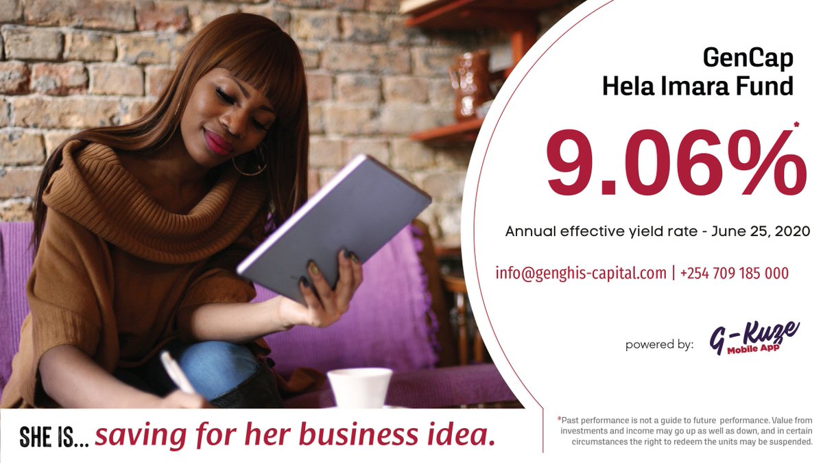 genghiscapital's tweet photo. As you put your business idea to paper, start saving for it in an account that earns daily compounded interest. Easy open &amp; fund your Hela Imara account using #GKuze app.

The GenCap Hela Imara money market fund posted a net annual effective yield rate of 9.06% as of 25/06/20. https://t.co/3Kec8WIyRv
