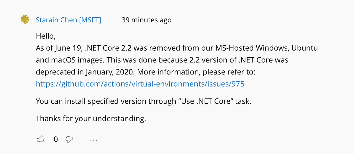 Azure removed .NET Core 2.2 in MS-Hosted servers. If you have trouble about pipelines, you can add a task to solve this issue. #Azure #pipeline 

developercommunity.visualstudio.com/content/proble…