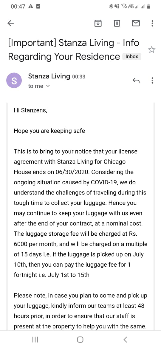 ananyanarayan_5's tweet photo. #StanzaLiving said they will refund us the amount for three months for the services we have not.We are asking them to adjust this amount in refunded amount but no one is picks up the call there.Please look into the matter sir.@PMOIndia @myogiadityanath @dmgbnagar  @iArmySupporter https://t.co/T4R304E5dB
